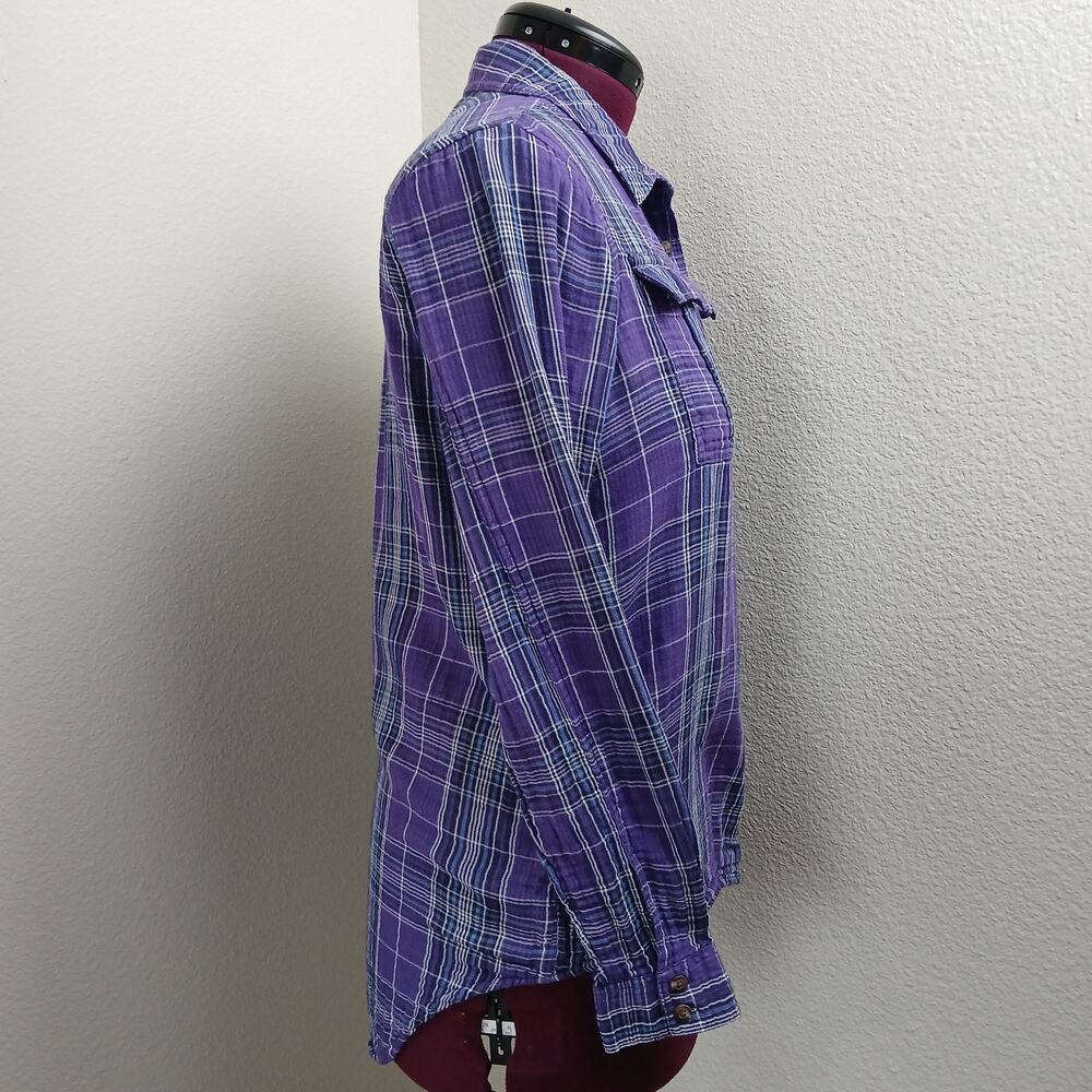 GNW Indigo Purple Plaid Double Layer Cotton Blouse M soft roll tab sleeves - Picture 5 of 12
